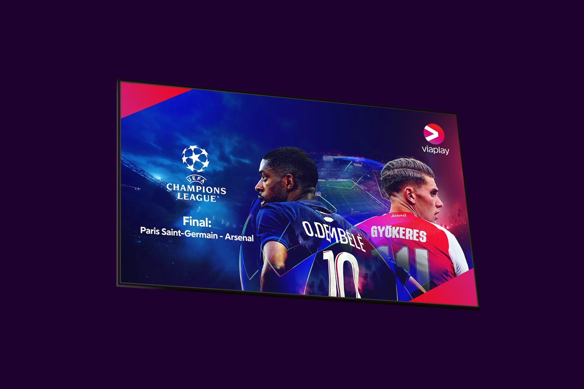 En tv-skärm med aktuella fotbollsspelare från Paris Saint Germain och Arsenal i UEFA Champions League 2025/2026 som möts i finalen den 30 maj 2026.