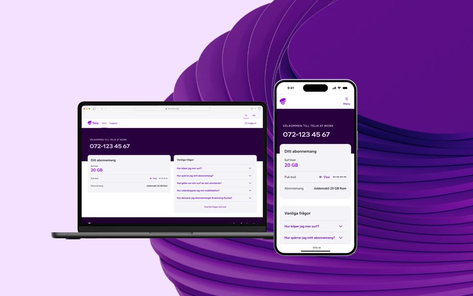 Bild som visar tjänsten Telia at Work på laptop och mobil.