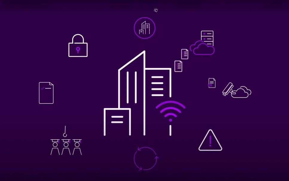 Ikoner och grafik som visualiserar Telias byggstenar för företags cybersäkerhet.