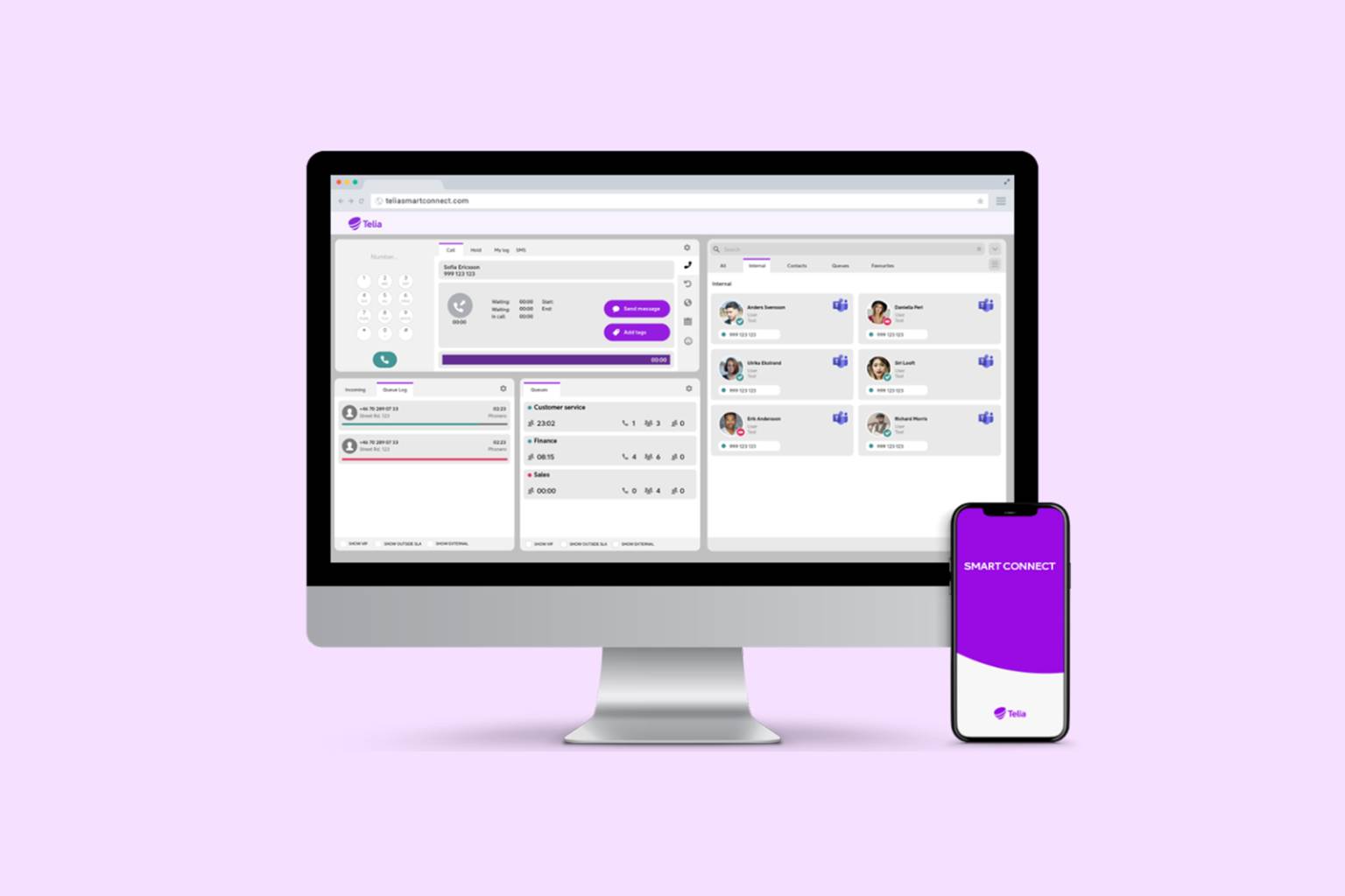 Telias telefonväxel Smart Connect, interface laptop med rosa bakgrund