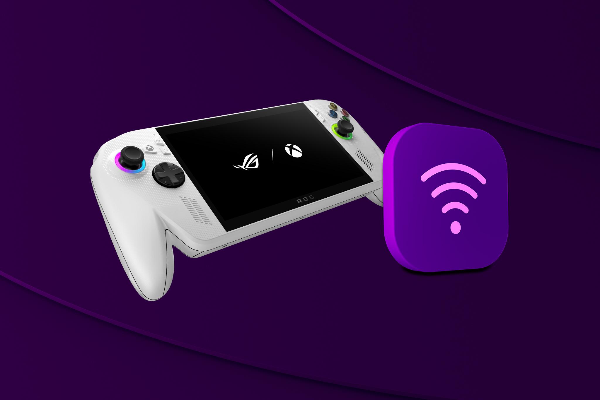 Nya ROG Xbox Ally i färgen vit bredvid en wifi-symbol som symboliserar vårt bredband. 