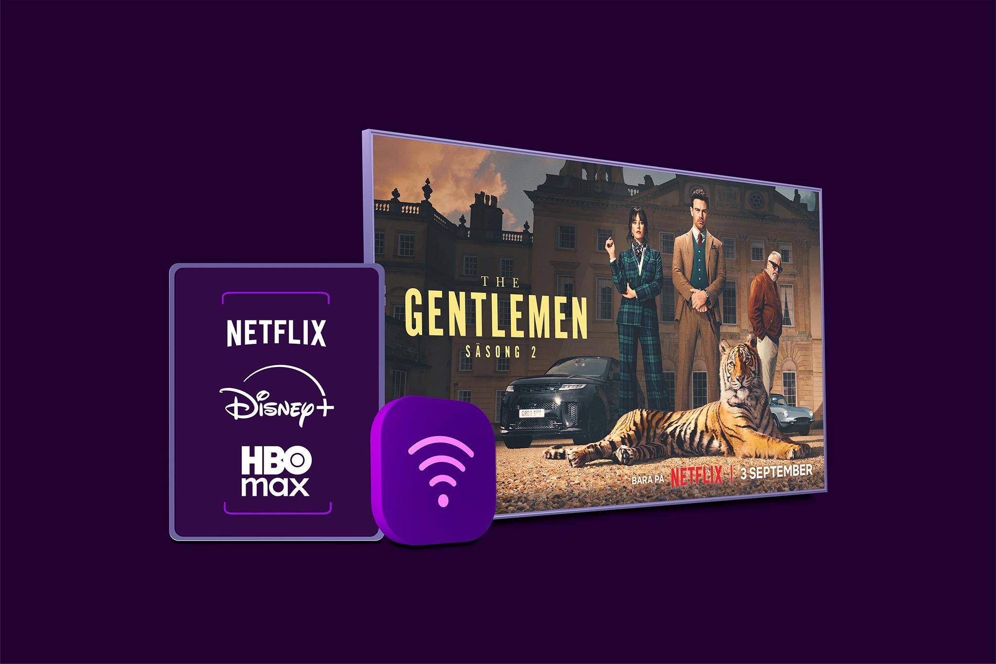Netflix, Disney+ och HBO Max logotyper med en wifi-symbol och en tv-skärm med innehåll från The Gentlemen på Netflix som symboliserar vårt paket med bredband, tv och streaming.