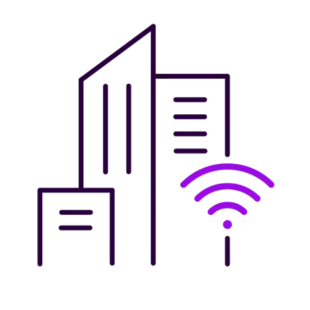 Illustration av tre höghus och en wifi-symbol.