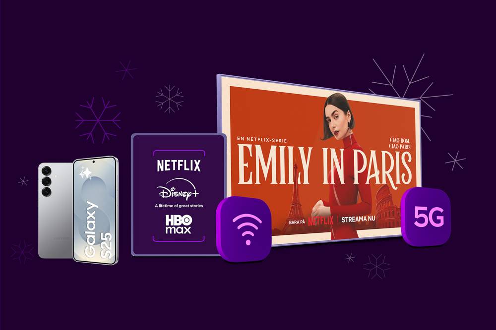 Galaxy S25 intill HBO Max, Disney+ och Netflixs logotyper med en tv-skärm och innehåll från Emily in Paris bredvid och en wifi-symbol och 5G-symbol framför.