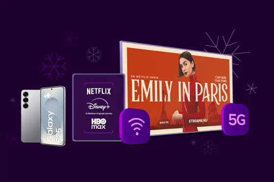 Galaxy S25 intill HBO Max, Disney+ och Netflixs logotyper med en tv-skärm och innehåll från Emily in Paris bredvid och en wifi-symbol och 5G-symbol framför.