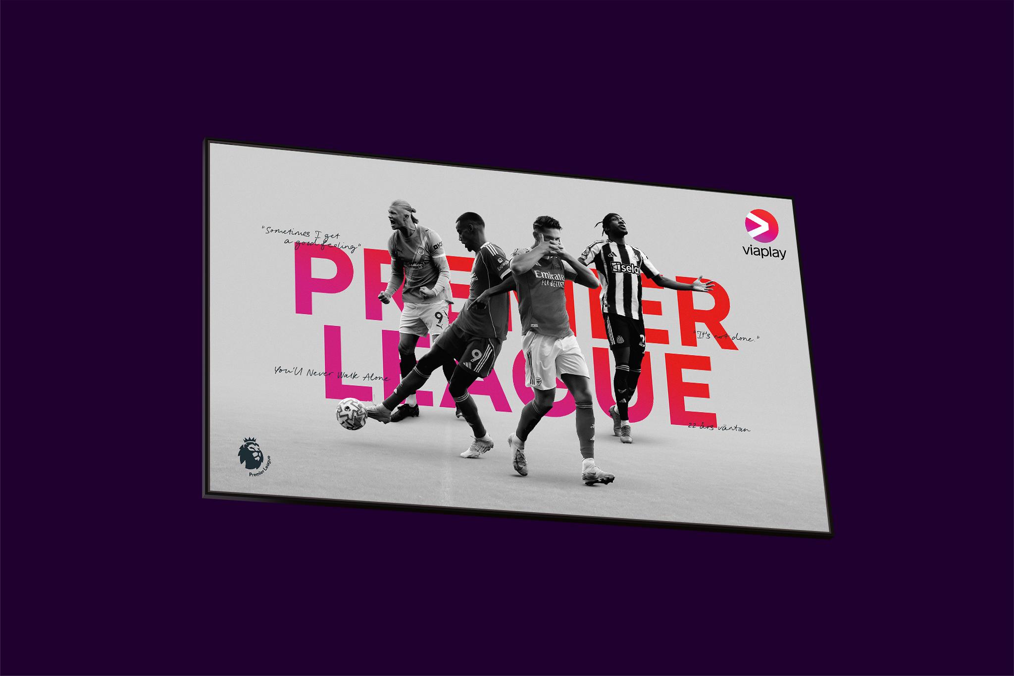 Tv-skärm med aktuella fotbollsspelare från Premier League 2026 som du kan streama på Viaplay.