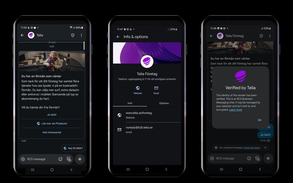 Skärmar med RCS-sms på svart bakgrund