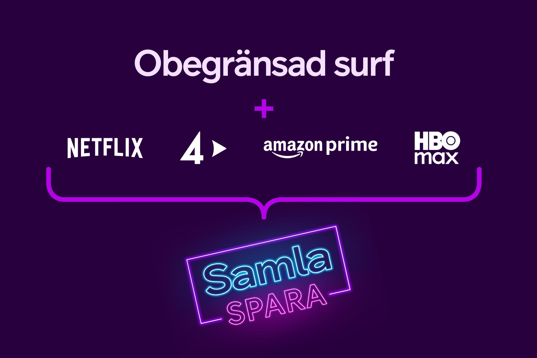 Mobilabonnemang med obegränsad surf och Netflix, TV4 Play, Amazon Prime, HBO Max och samla/spara logo