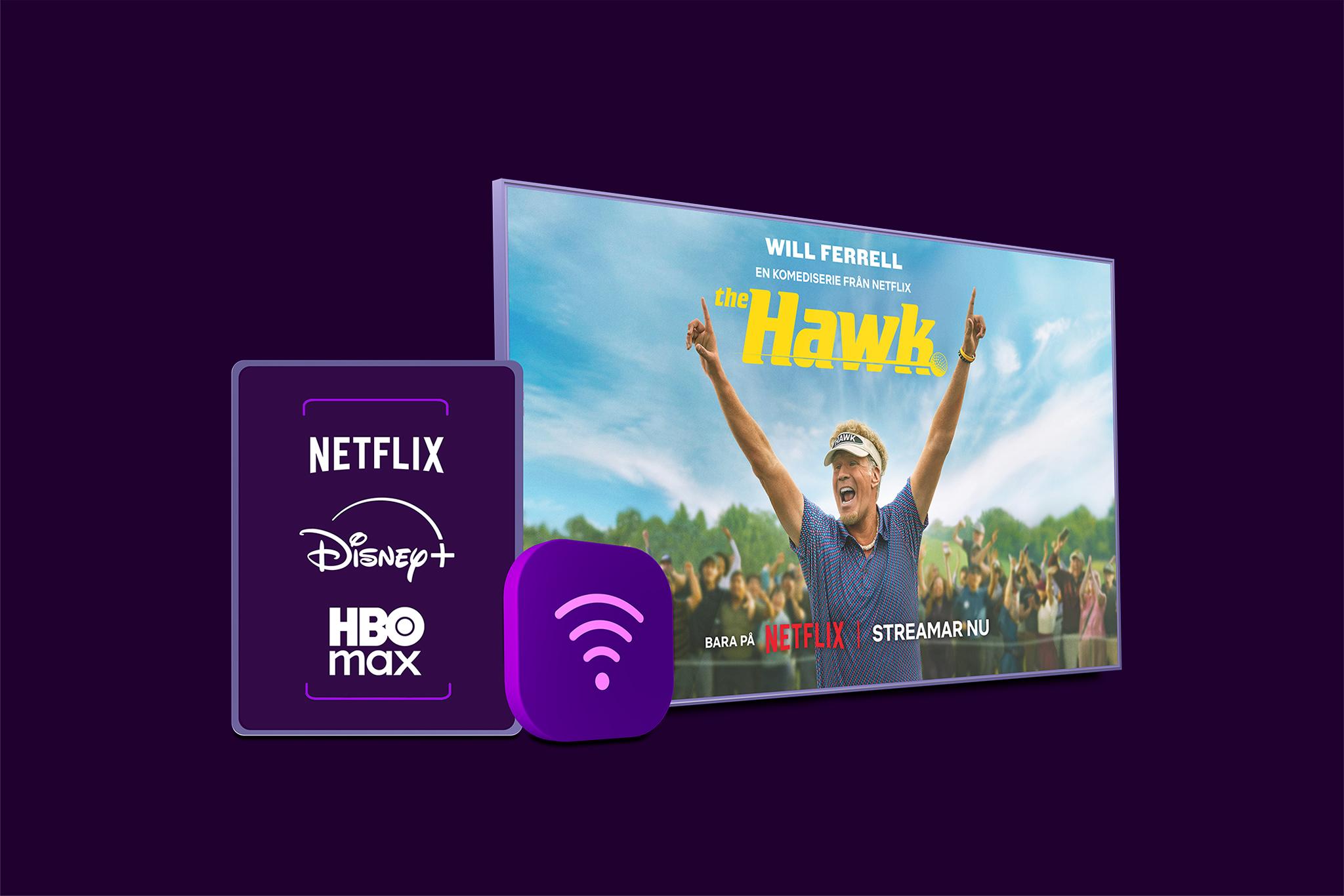 Netflix, Disney+ och HBO Max logotyper med en wifi-symbol och en tv-skärm med innehåll från The Hawk på Netflix som symboliserar vårt paket med bredband, tv och streaming.