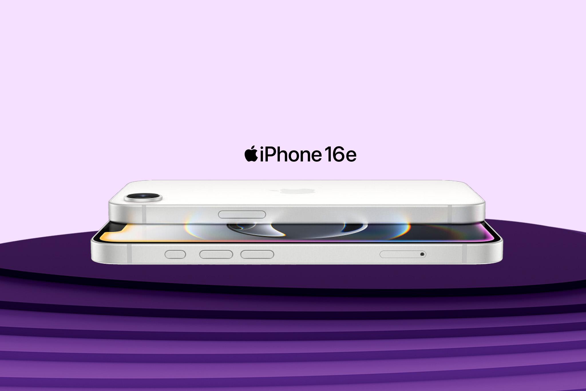 iPhone 16e med rosa bakgrund och lila podium