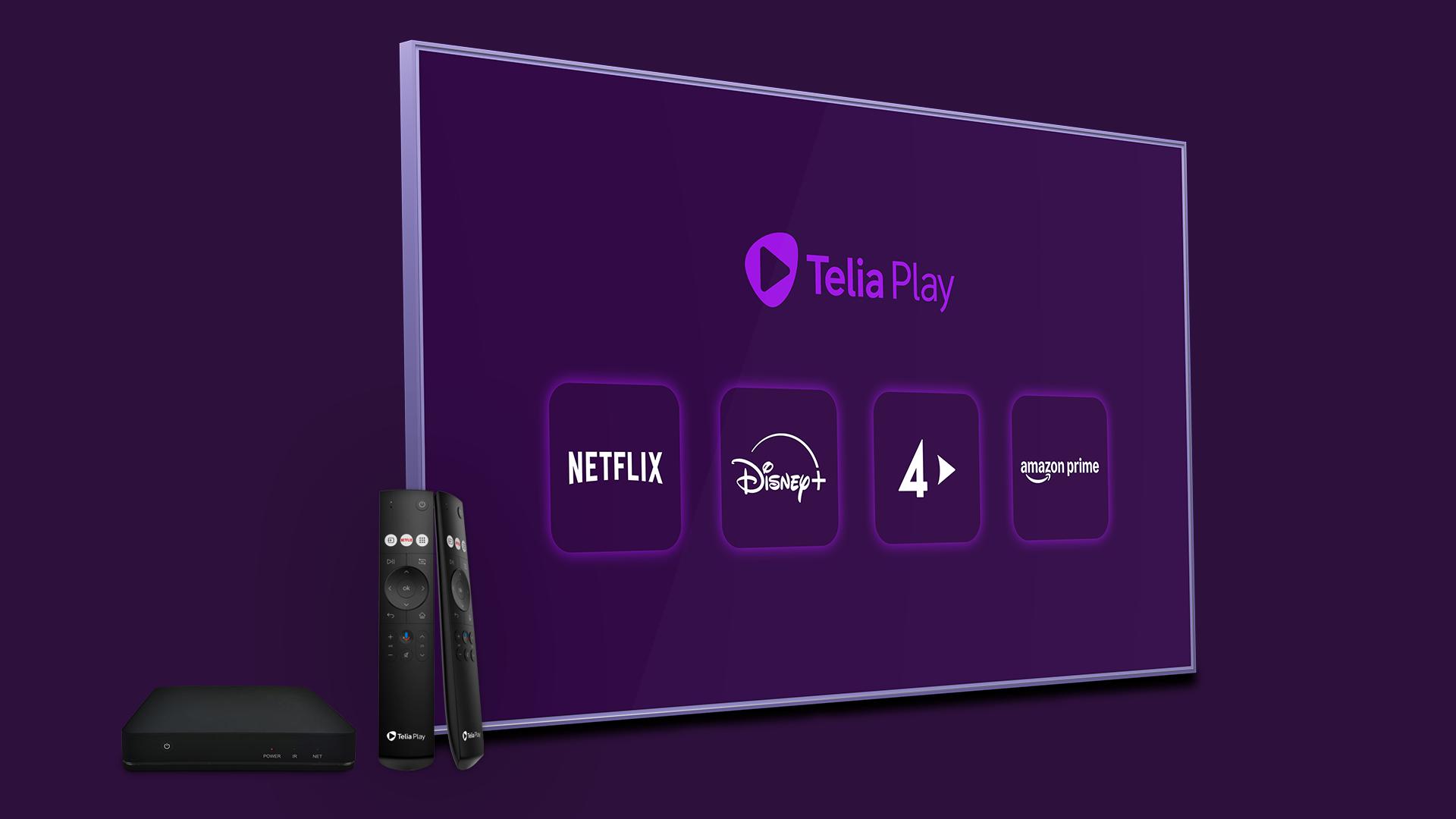 Illustrationsbild av Telia Play Hub bredvid en tv med streamingtjänster.