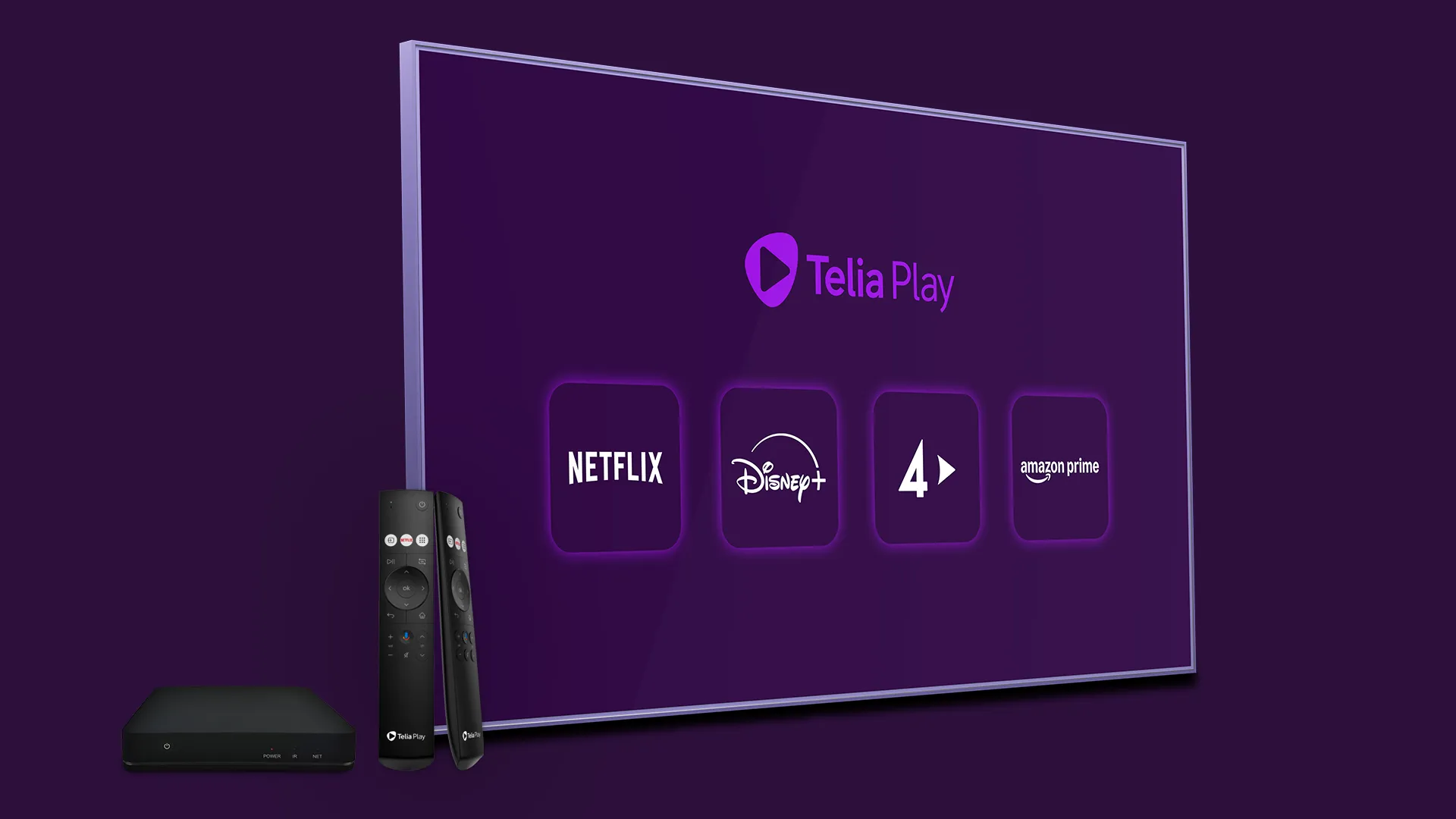 Illustrationsbild av Telia Play Hub bredvid en tv med streamingtjänster.