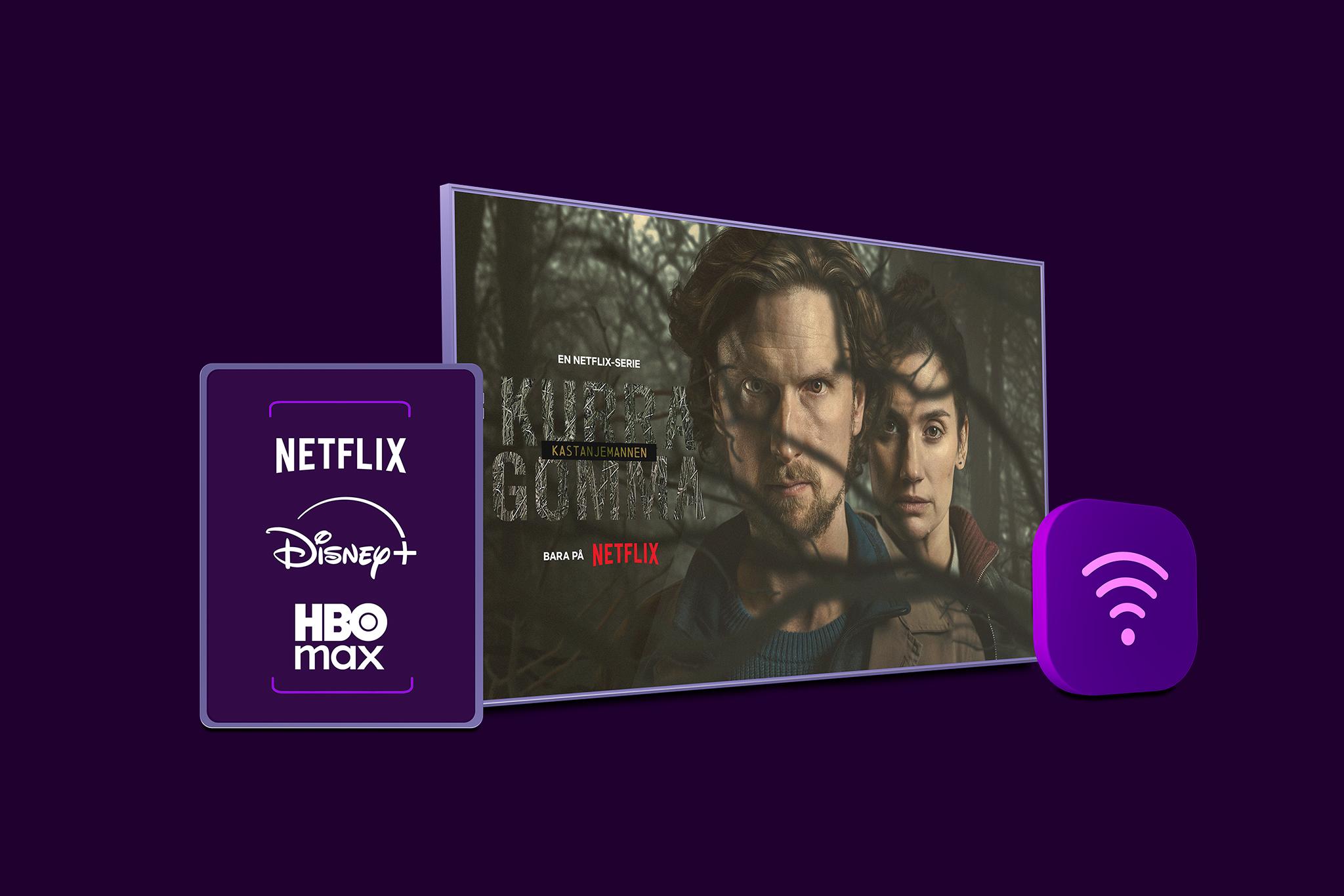 Netflix, Disney+ och HBO Max logotyper med en wifi-symbol och en tv-skärm med innehåll från Kastanjemannen på Netflix som symboliserar vårt paket med bredband, tv och streaming.