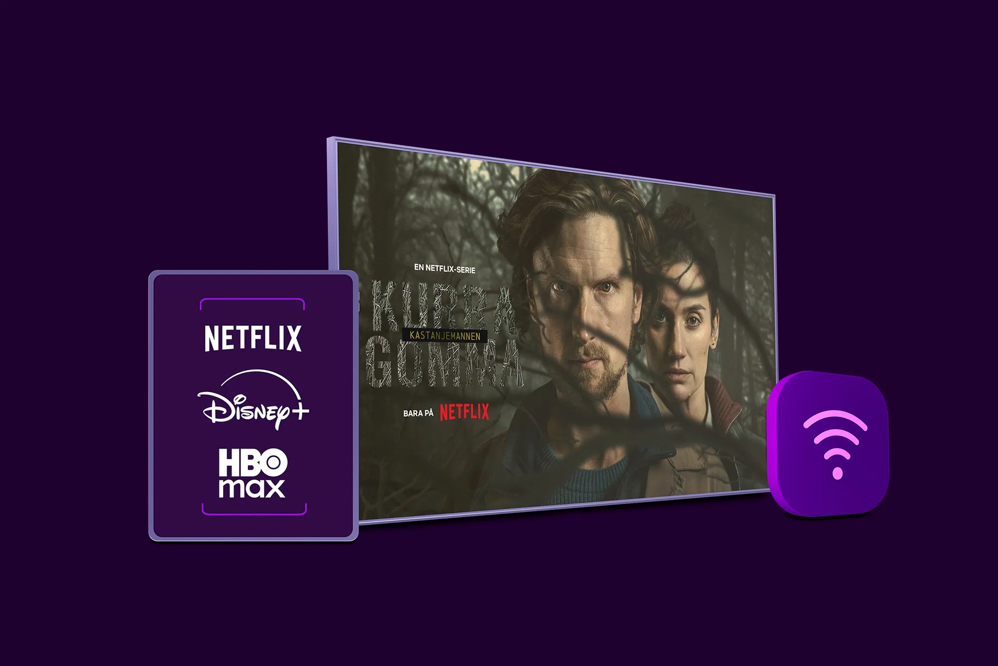 Netflix, Disney+ och HBO Max logotyper med en wifi-symbol och en tv-skärm med innehåll från Kastanjemannen på Netflix som symboliserar vårt paket med bredband, tv och streaming.
