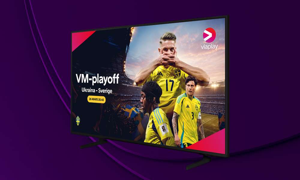 VM-kval 2026. Tv-skärm med texten Ukraina-Sverige 26 mars kl 20:45. 
