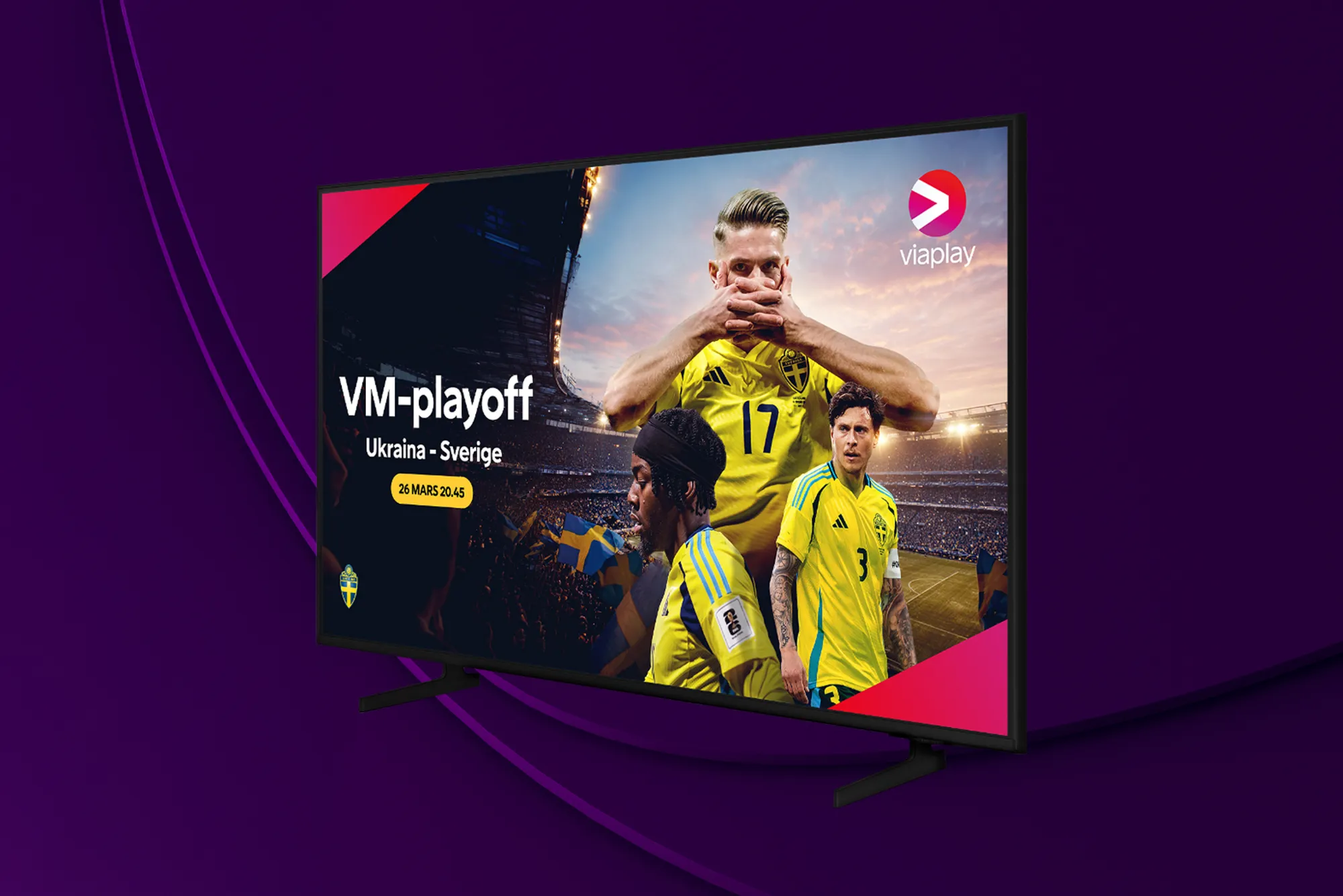 VM-kval 2026. Tv-skärm med texten Ukraina-Sverige 26 mars kl 20:45. 