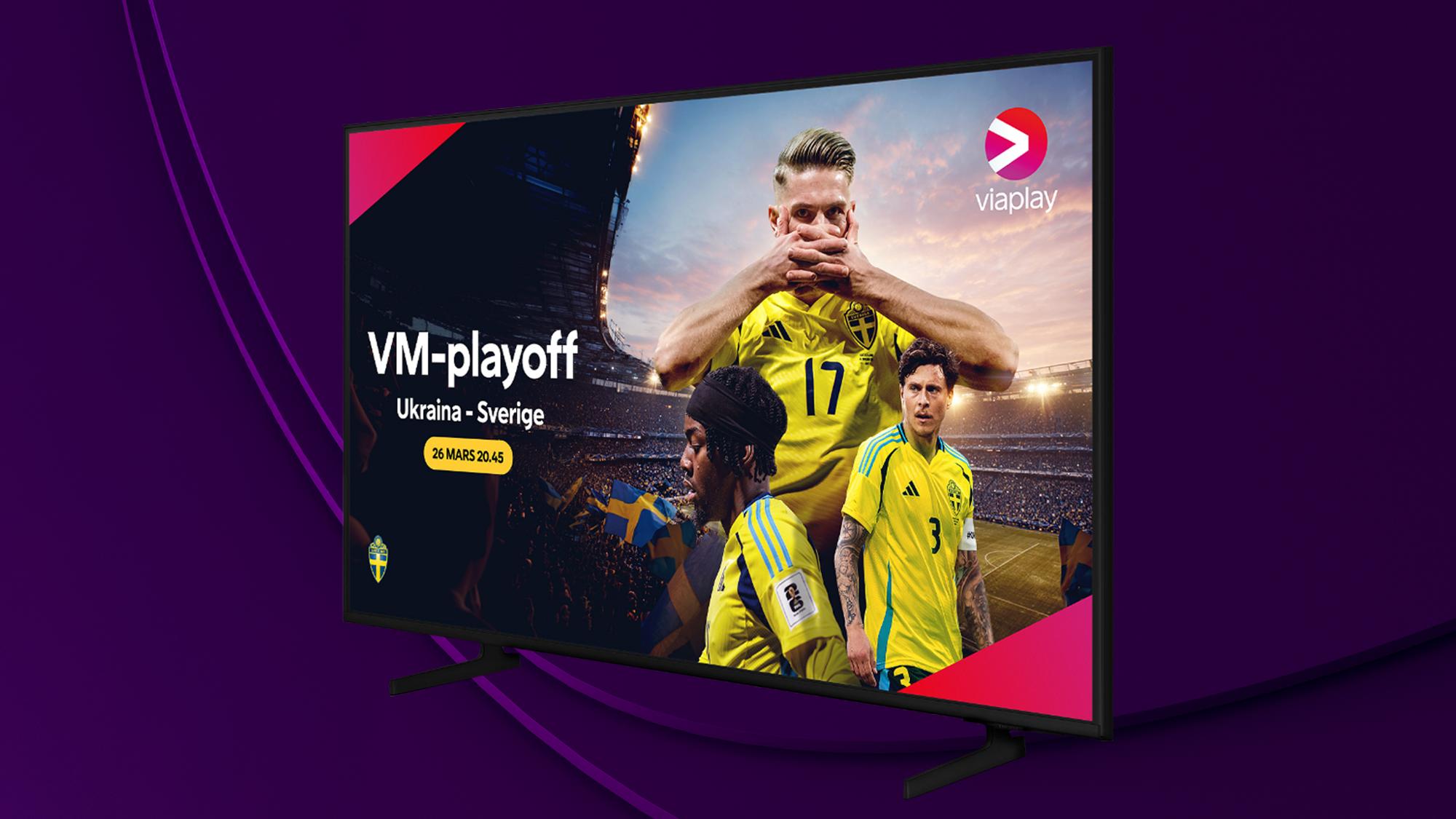VM-kval 2026. Tv-skärm med texten Ukraina-Sverige 26 mars kl 20:45. 