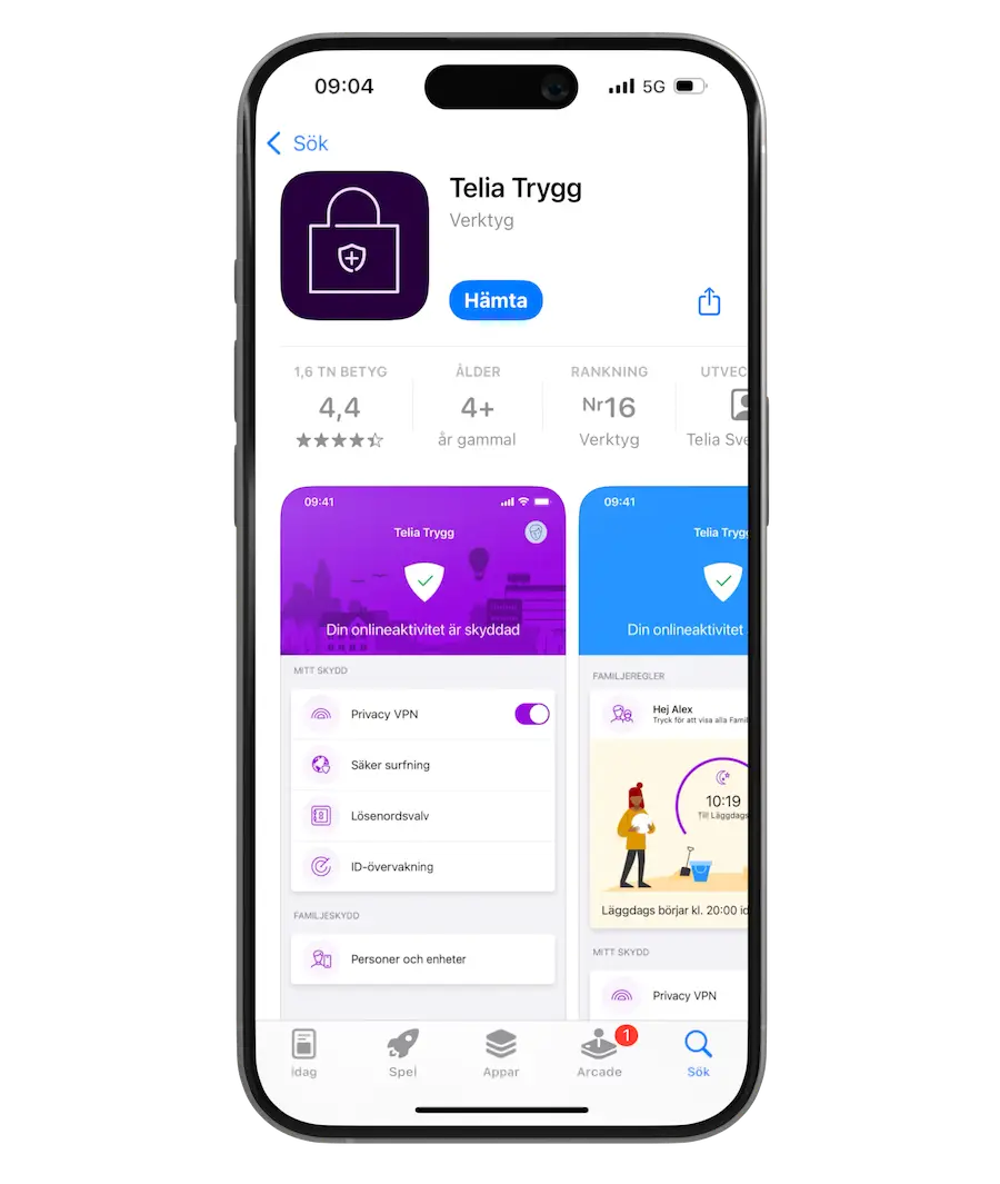 Skärmavbild på appen Telia Trygg i App Store, där det finns en knapp med ordet "hämta".
