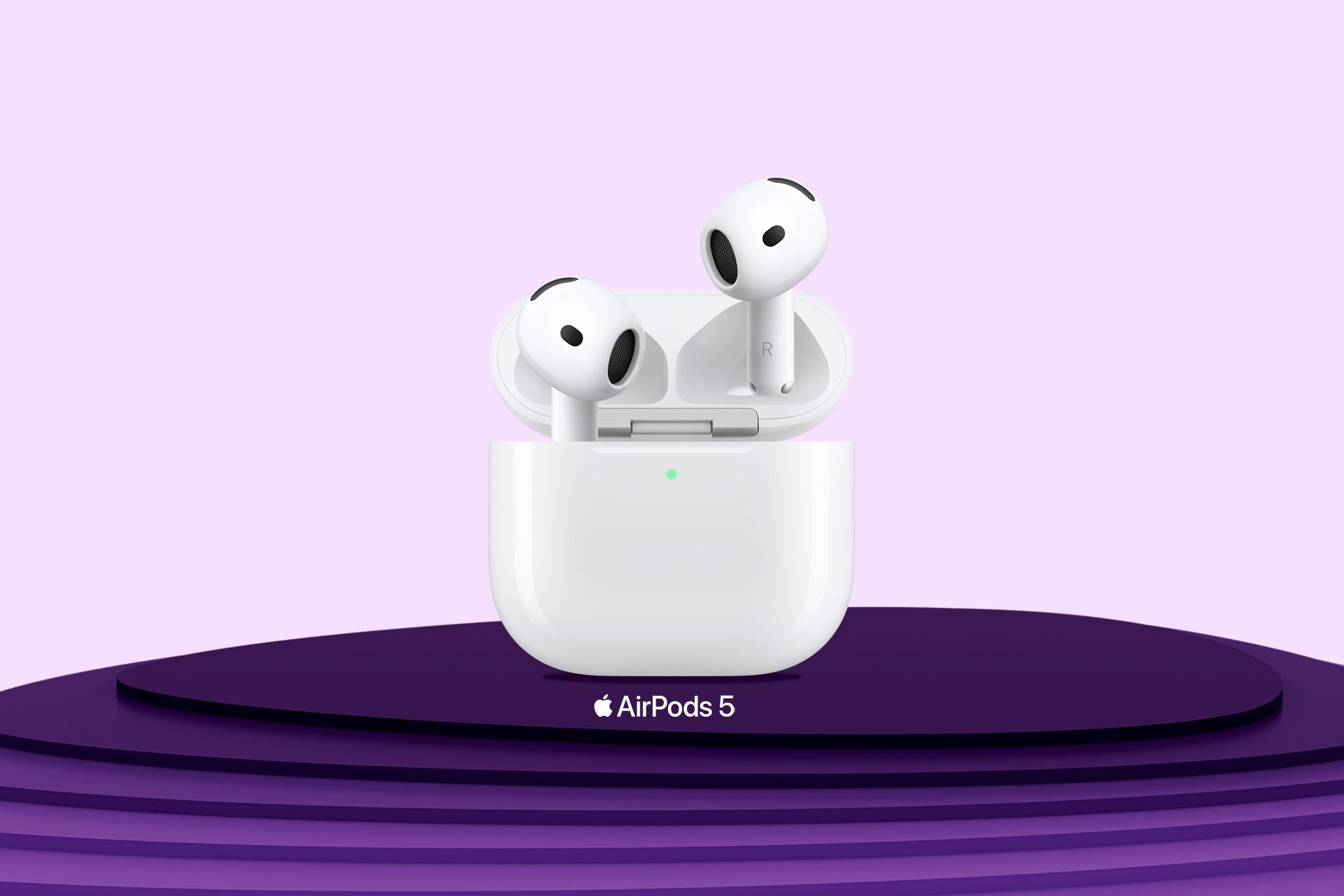 AirPods 5 med rosa bakgrund och lila podium