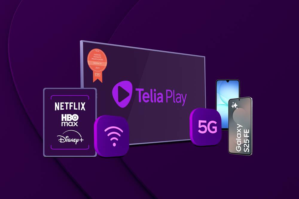 Netflix, HBO Max och Disney+ logotyper intill en tv-skärm med texten "Telia Play", en wifi- och 5G-symbol framför på varsin sida och Galaxy S25 FE och Galaxy A17 bredvid.