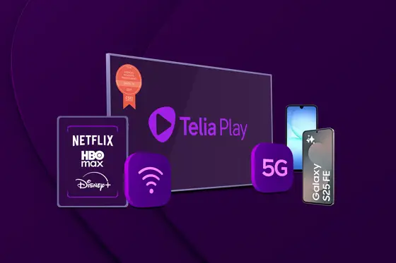 Netflix, HBO Max och Disney+ logotyper intill en tv-skärm med texten "Telia Play", en wifi- och 5G-symbol framför på varsin sida och Galaxy S25 FE och Galaxy A17 bredvid.