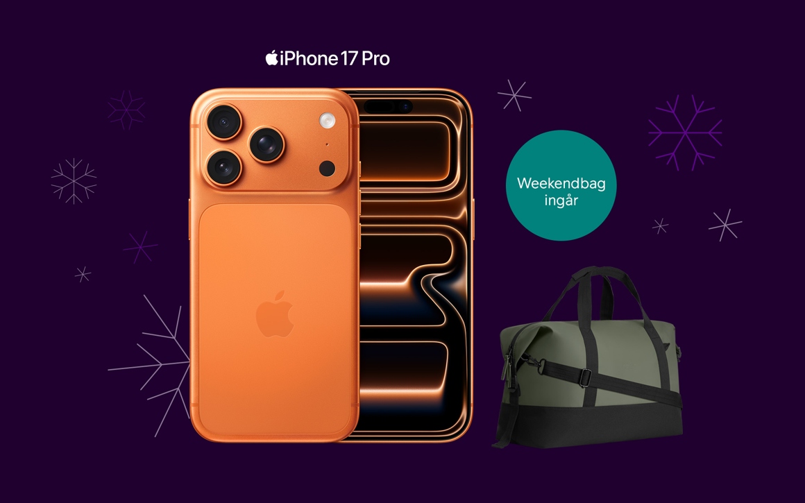 iPhone 17 Pro och weekendbag från Gaston Luga, lila bakgrund med snöflingor