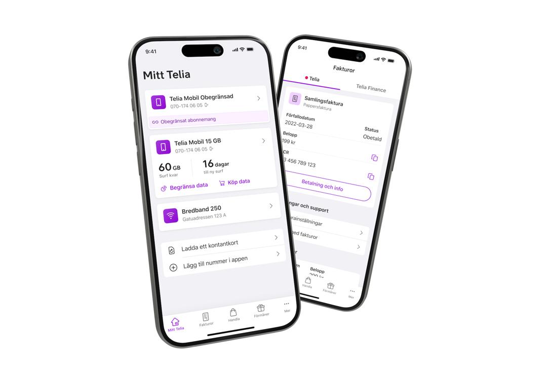 Mockup på Mitt Telia-appen: Vit bakgrund, två skärmar som visar appens innehåll