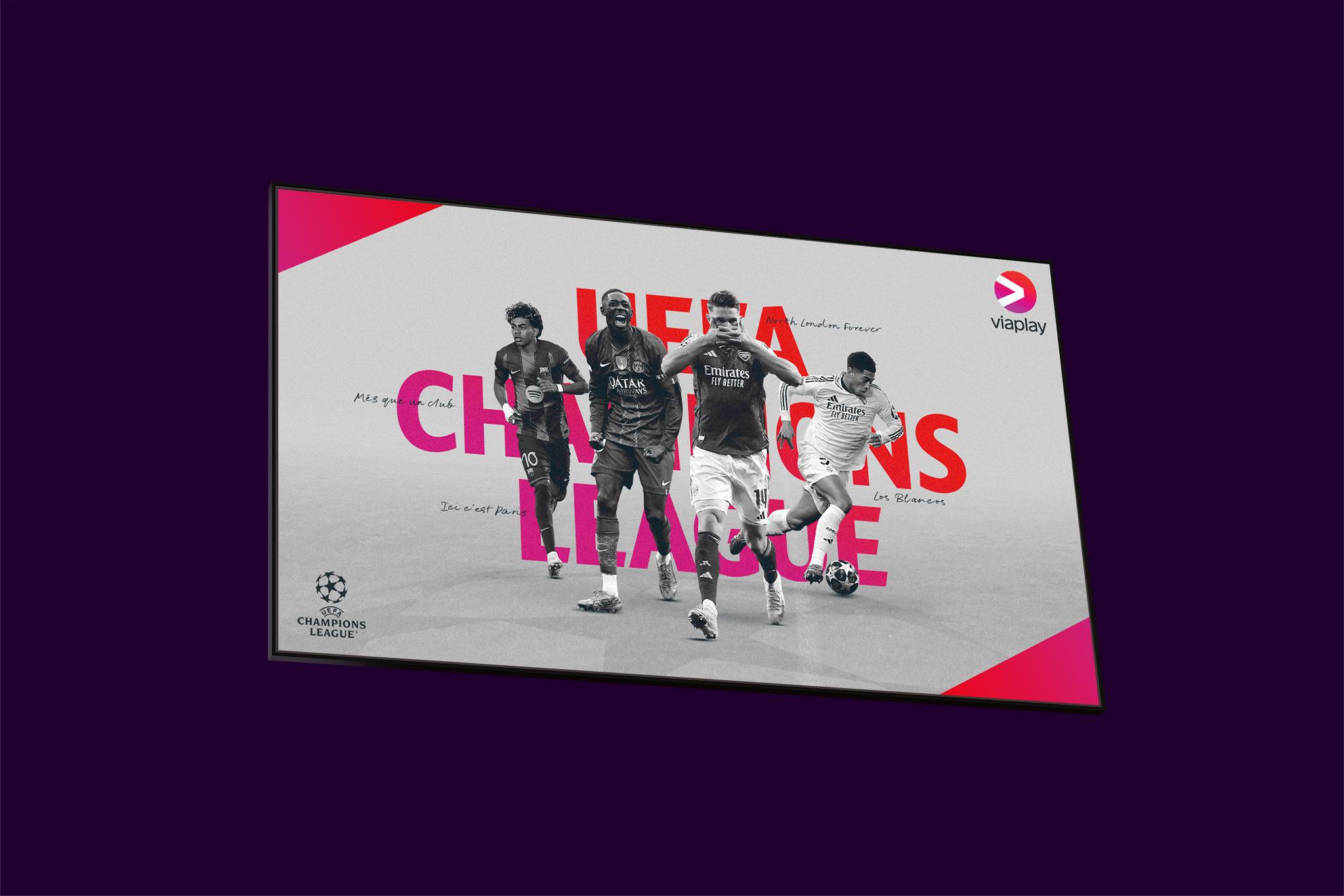 Tv-skärm med aktuella fotbollsspelare från UEFA Champions League 2026 som du kan streama på Viaplay.
