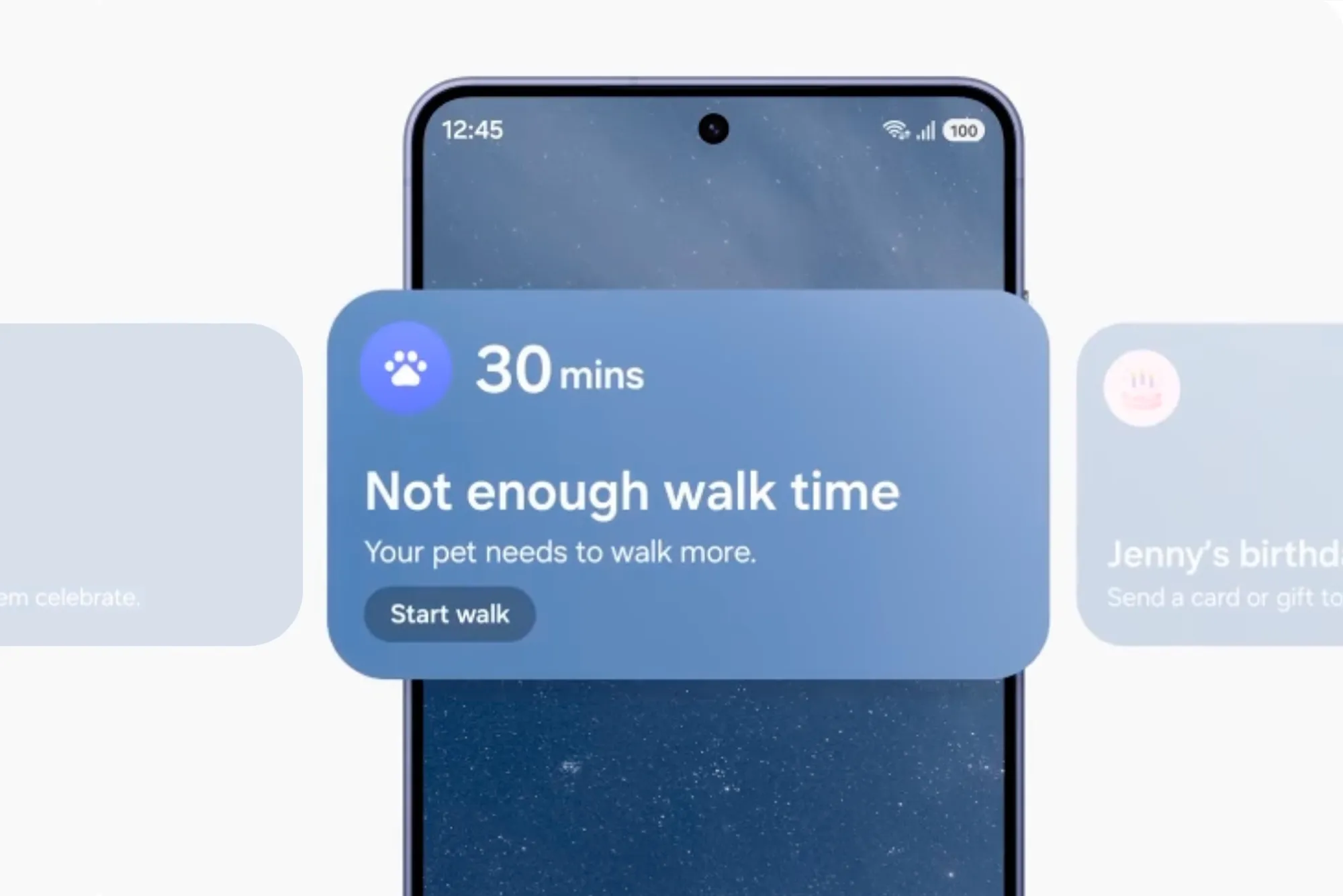 Exempel på Samsung Galaxy AI-verktyg: Visar påminnelse om hundpromenad