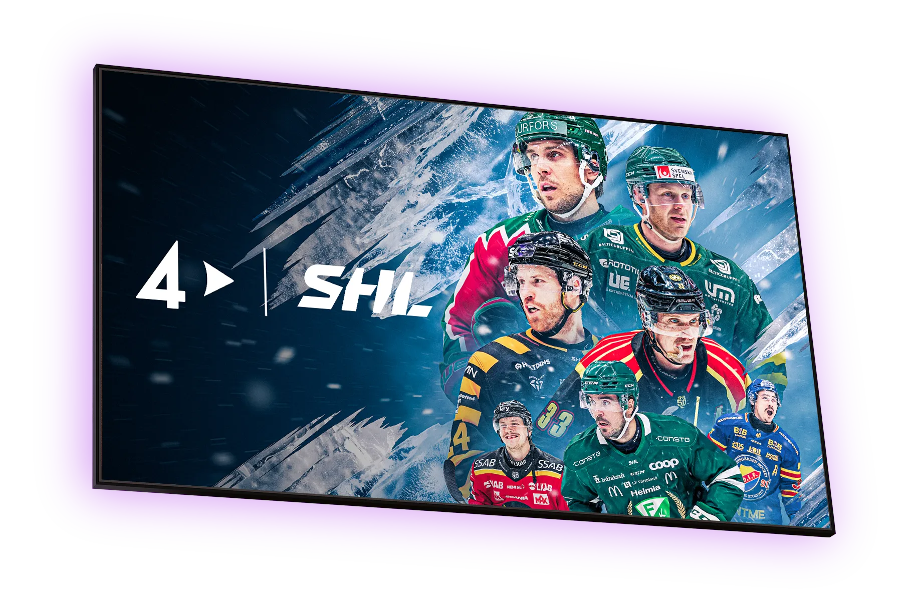 Tv-skärm med aktuella hockeyspelare från SHL 2026 som du kan streama på TV4 Play.