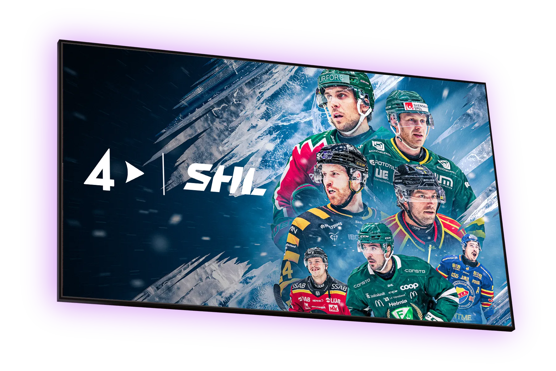 Tv-skärm med aktuella hockeyspelare från SHL 2026 som du kan streama på TV4 Play.