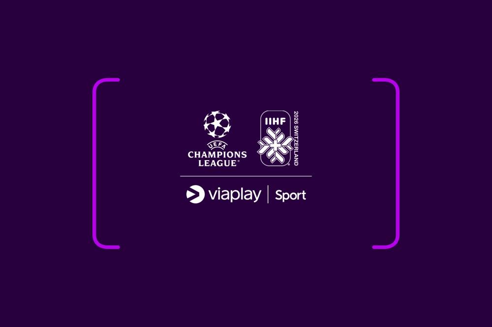 UEFA Champions League och hockey-VM IIHF:s logotyper tillsammans med Viaplay Sport där Sveriges matcher och finalen går att se.