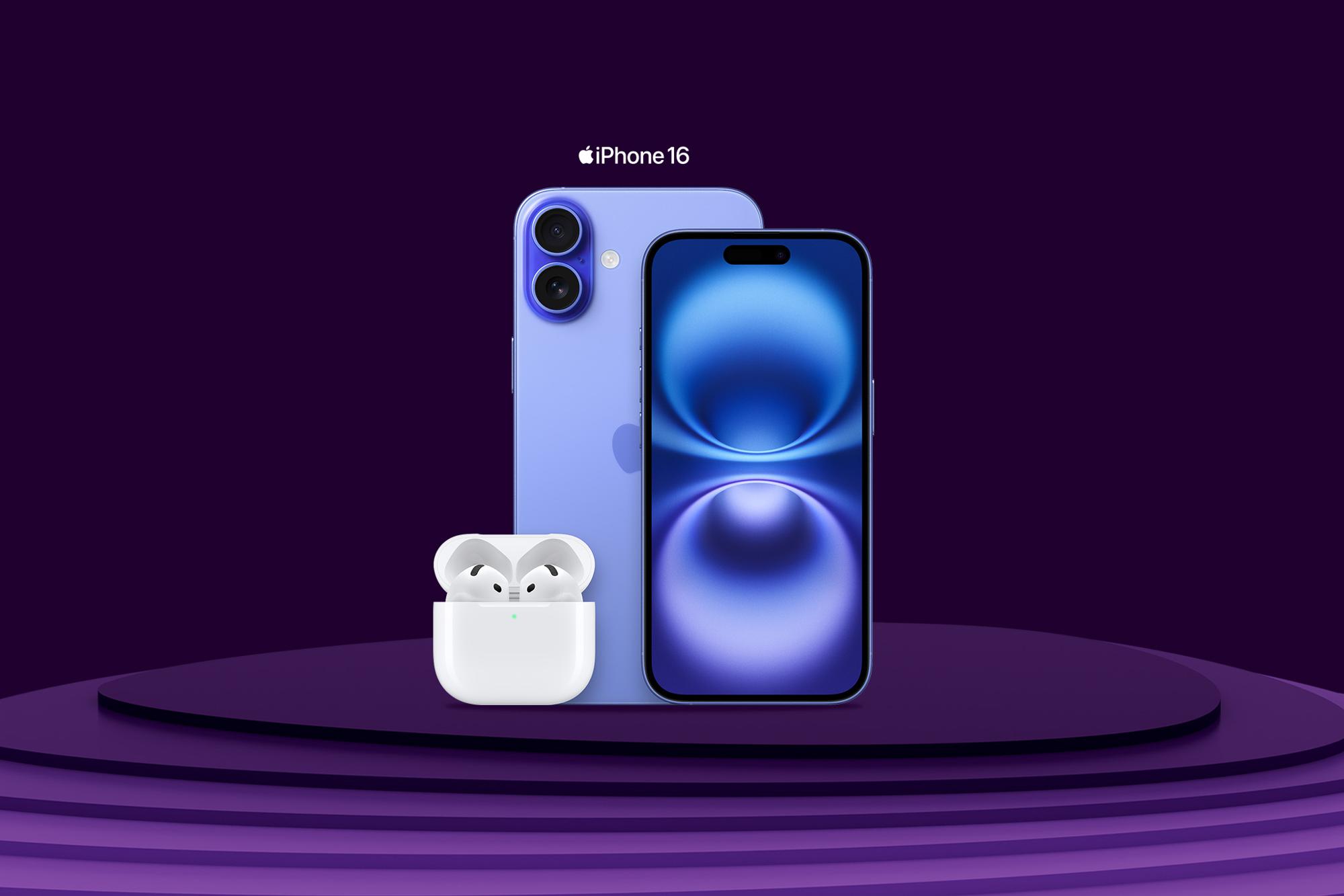 iPhone 16 + Airpods 4 med lila bakgrund och podium