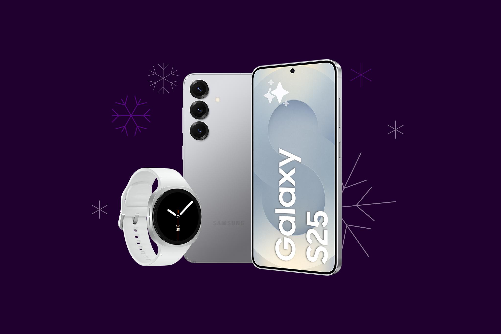 Galaxy S25 + klocka Galaxy Watch8 med snöflingor