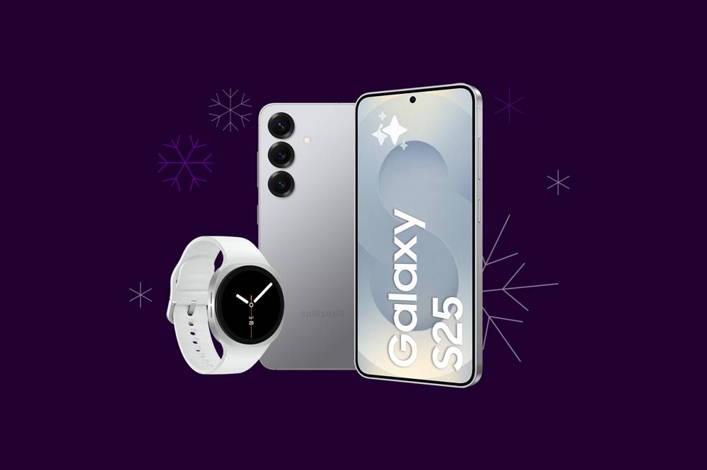 Galaxy S25 + klocka Galaxy Watch8 med snöflingor
