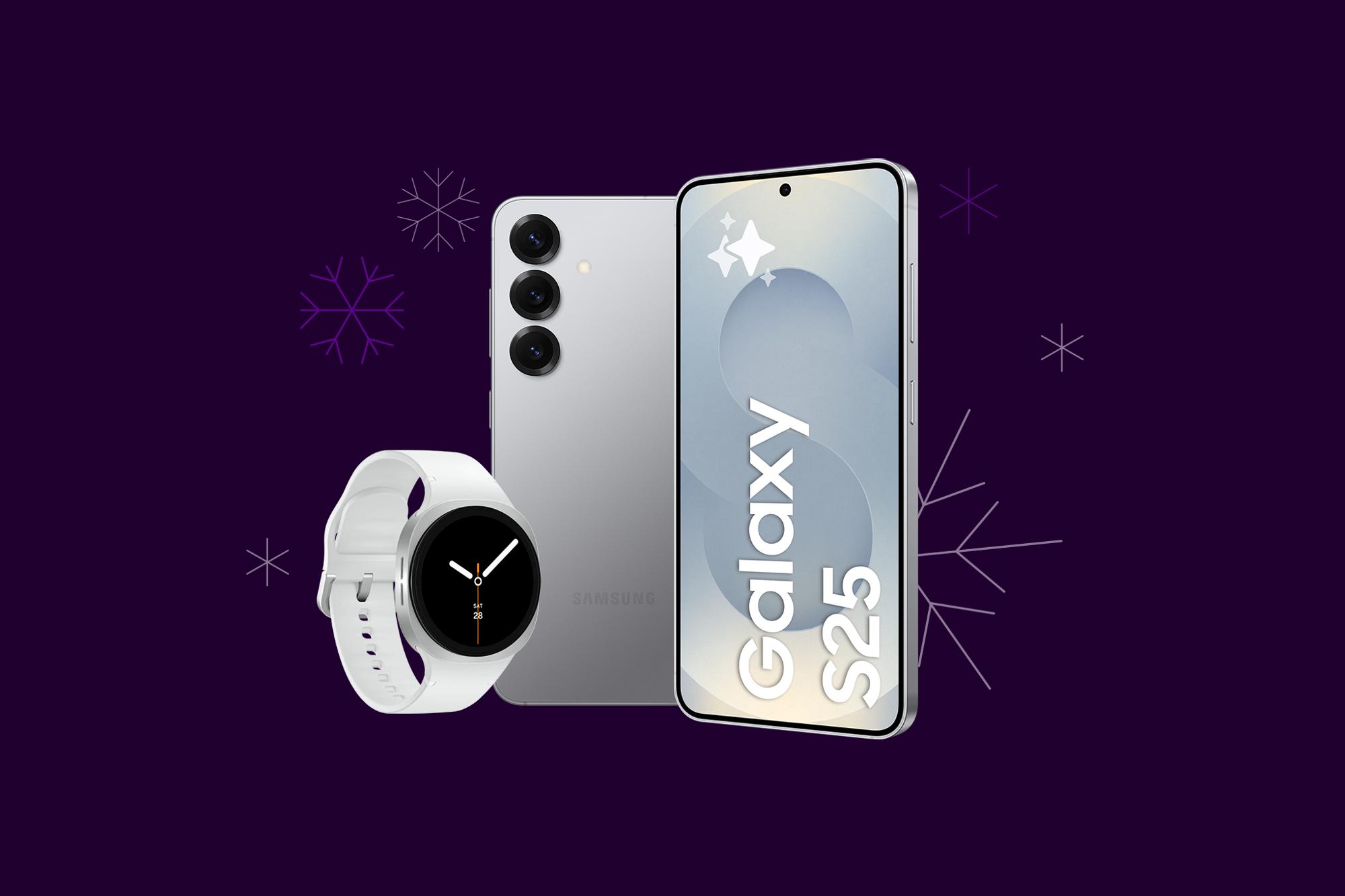 Galaxy S25 + klocka Galaxy Watch8 med snöflingor