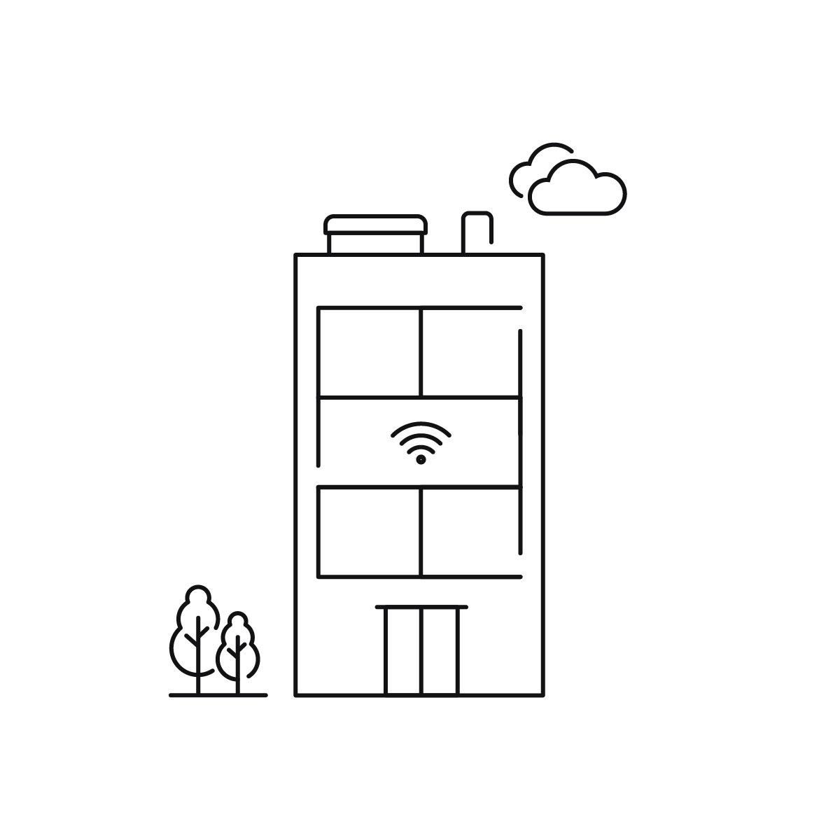 Ikon av höghus med en wifi-symbol.