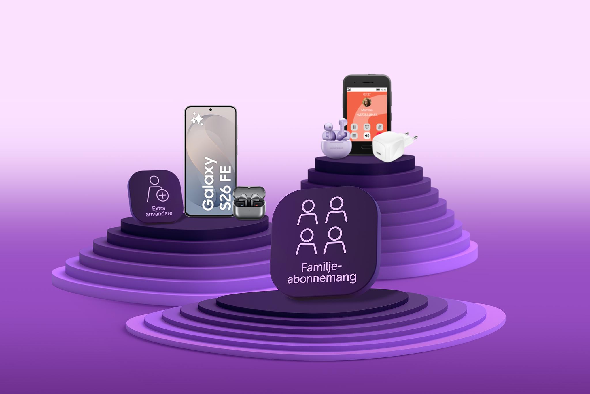 Mobiltelefoner, laddare, hörlurar och mobilabonnemang med ljusrosa bakgrund och lila podium