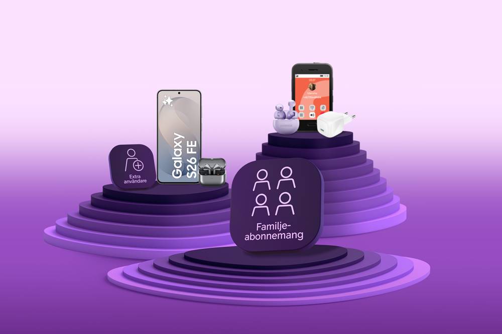 Mobiltelefoner, laddare, hörlurar och mobilabonnemang med ljusrosa bakgrund och lila podium