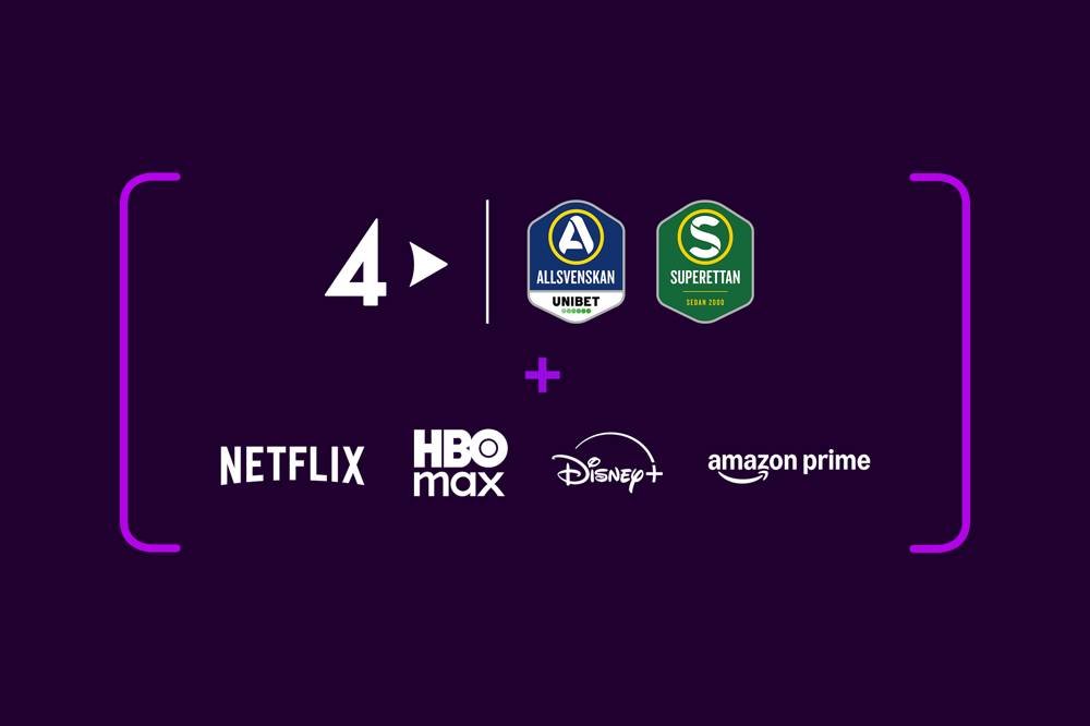 Loggor med streamingtjänsterna och dess sporträttigheter som ingår i Lilla sportpaketet. Streama t.ex. Allsvenskan från TV4 Play och mycket mer från Netflix, HBO Max, Disney+ och Amazon Prime.