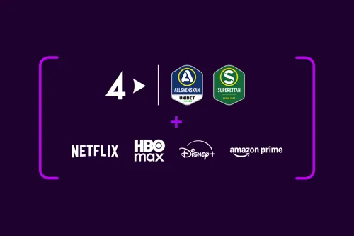 Loggor med streamingtjänsterna och dess sporträttigheter som ingår i Lilla sportpaketet. Streama t.ex. Allsvenskan från TV4 Play och mycket mer från Netflix, HBO Max, Disney+ och Amazon Prime.
