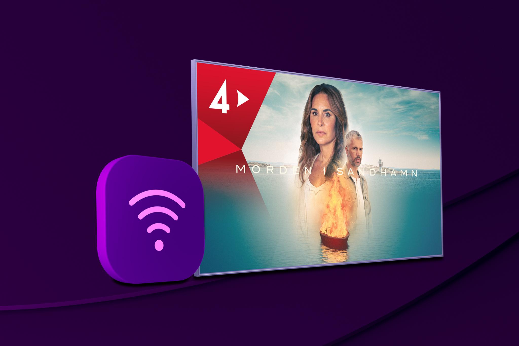 En wifi-symbol och en tv-skärm med innehåll från Morden i Sandhamn som har premiär och går att streama på TV4 Play från den 10 augusti 2025. Samla och spara när du köper tv, bredband och streaming tillsammans!