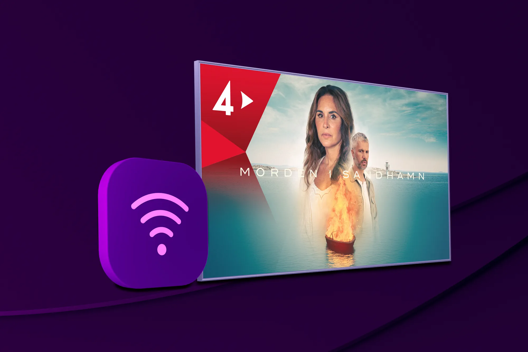 En wifi-symbol och en tv-skärm med innehåll från Morden i Sandhamn som har premiär och går att streama på TV4 Play från den 10 augusti 2025. Samla och spara när du köper tv, bredband och streaming tillsammans!