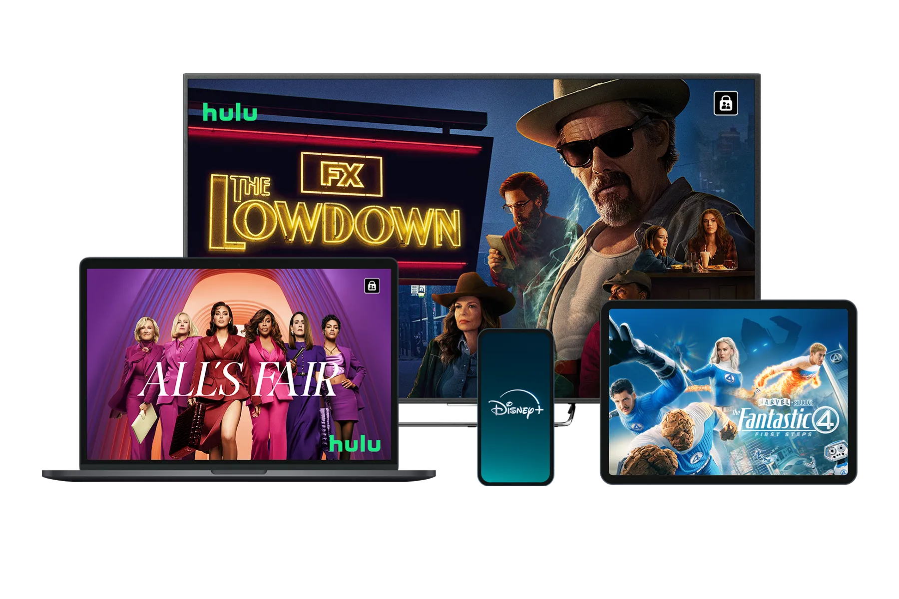 Flera skärmar med innehåll från The Lowdown, All's Fair och The Fantastic Four: First Steps, som går att streama på Disney+ med Telia just nu.