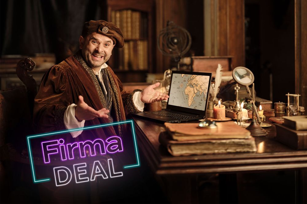 Columbus från Telias reklam, med neonskylt med texten Firma Deal.