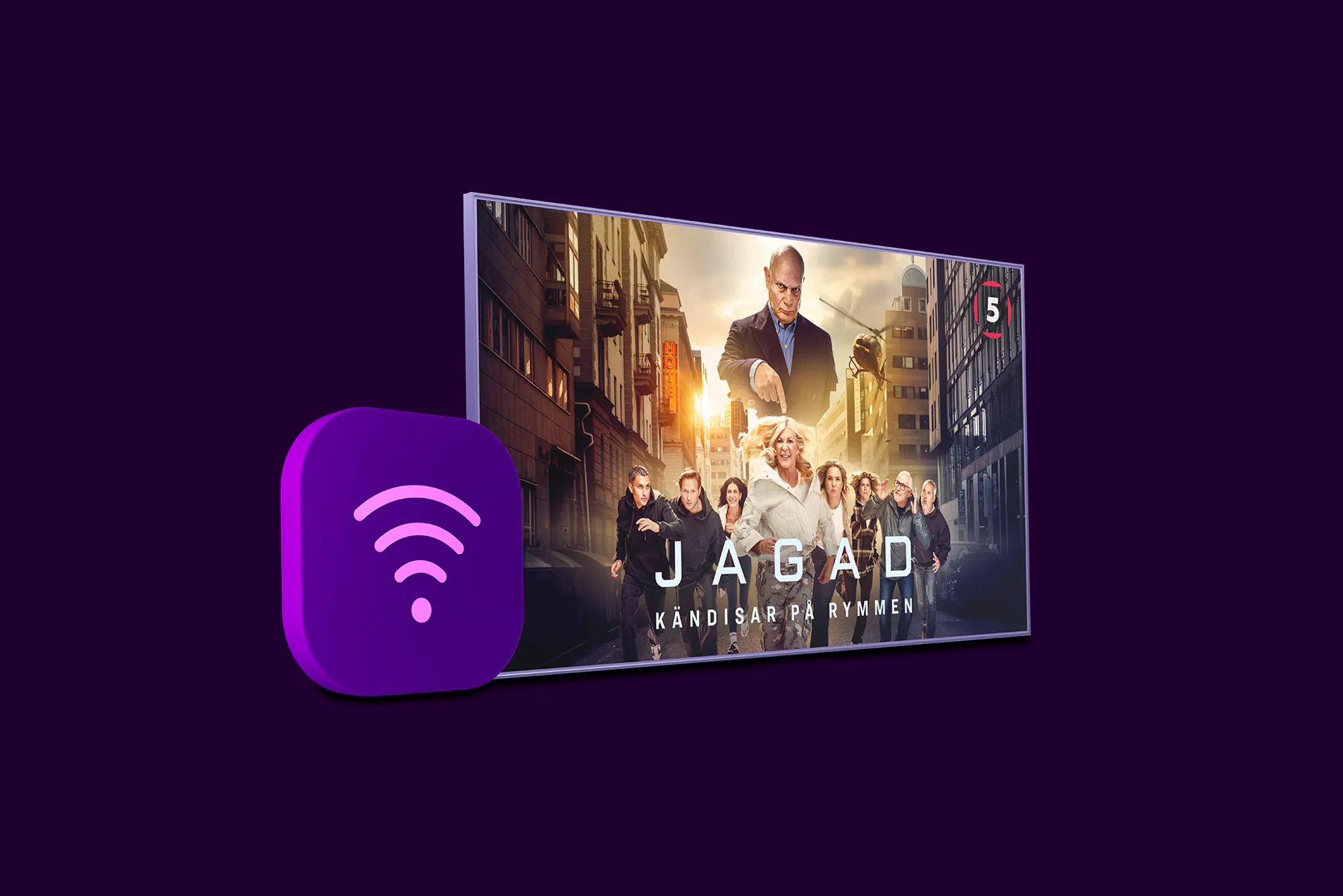 En wifi-symbol och en tv-skärm med innehåll från Jagad på Kanal 5. Köp vårt bredband via fiber tillsammans med vårt tv-paket Tv Mini inkl. 19 kanaler och streaming från TV4 Play nu till ett bättre pris.