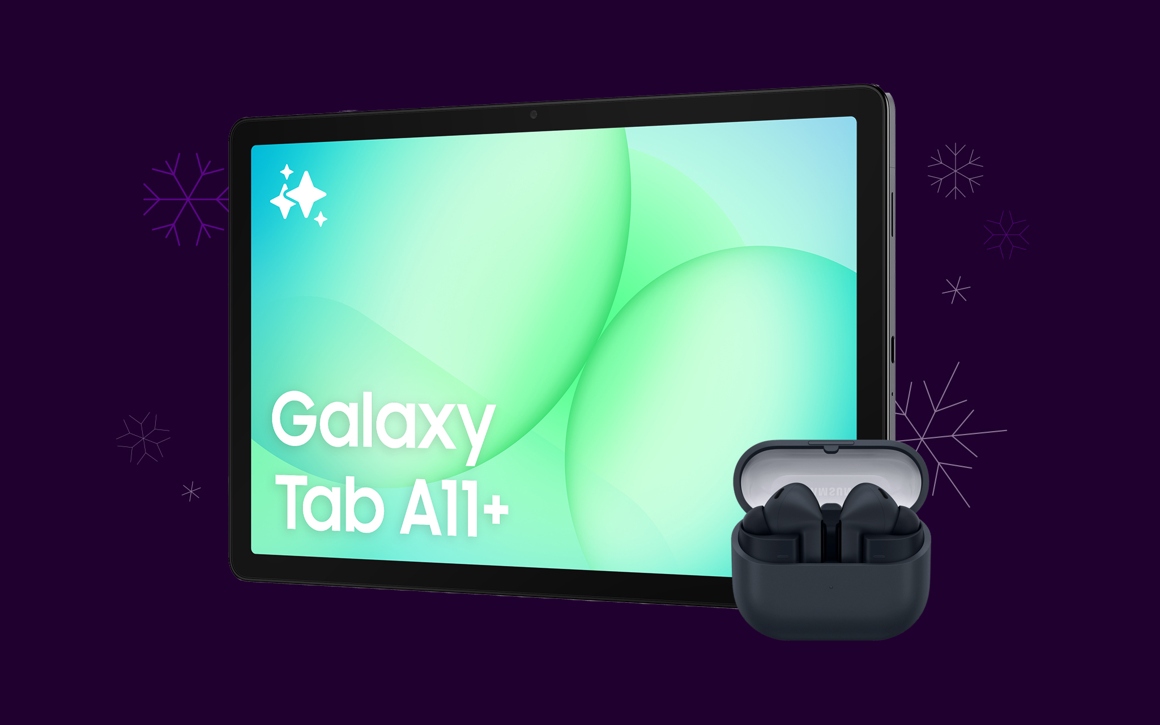 Samsung Galaxy Buds3 och Galaxy Tab A11+ med lila bakgrund