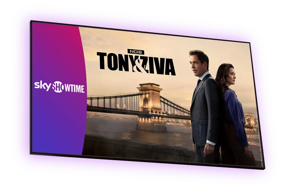 Huvudkaraktärerna i den nya spinoff-serien NCIS: Tony and Ziva som har premiär och går att streama på SkyShowtime från den 27 oktober med Telia.