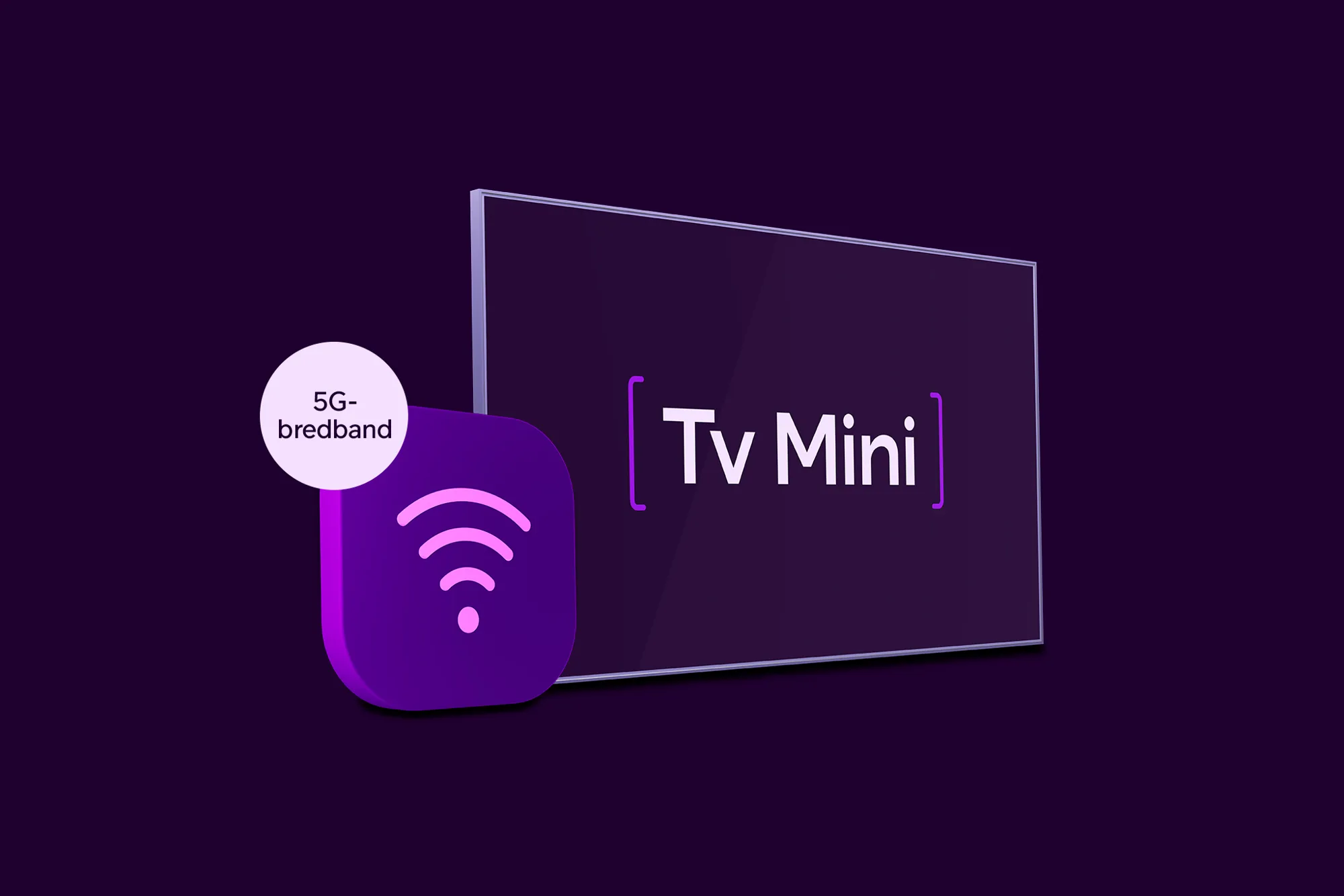 En wifi-symbol och texten "5G-bredband" med en tv-skärm bredvid som symboliserar vårt bredband via 5G tillsammans med vårt populära tv-paket Tv Mini. Köp nu till paketpris!