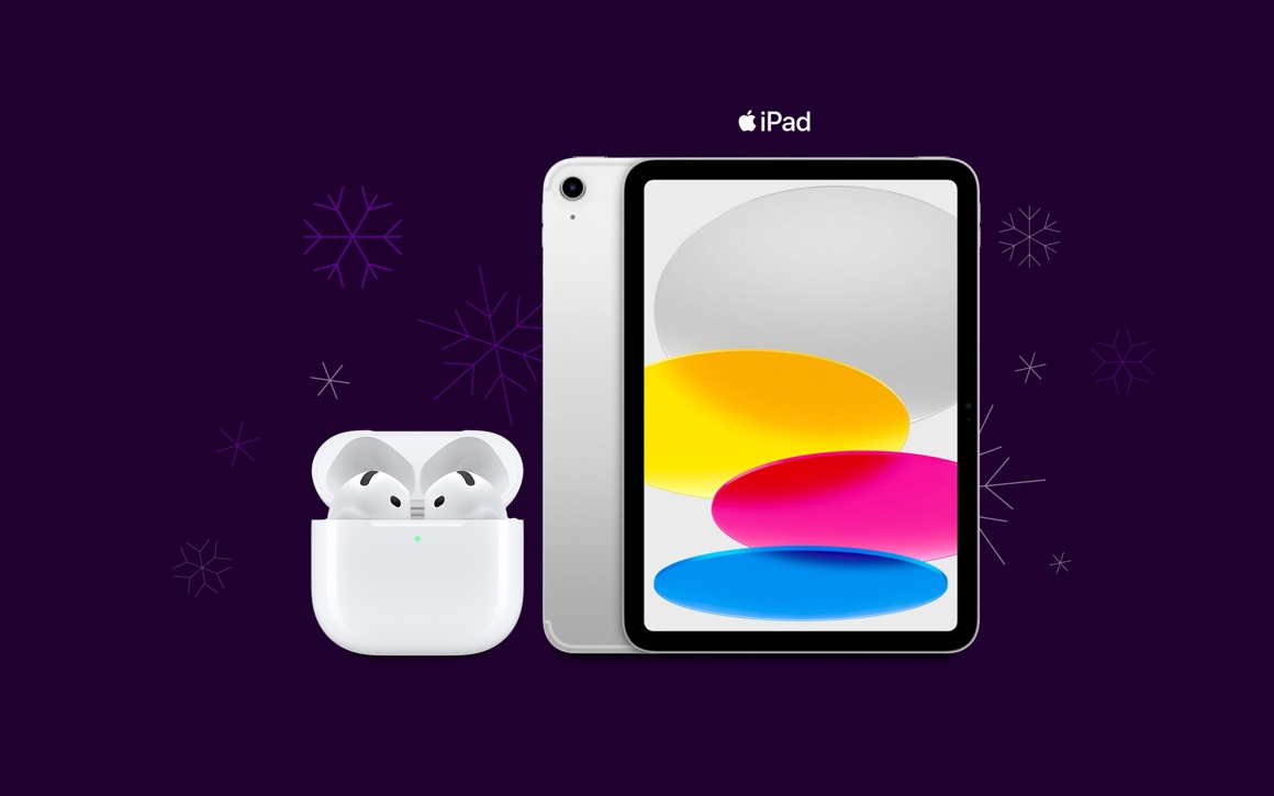 Apple iPad 11 och Airpods 4, lila bagrund med snöflingor